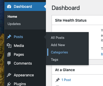 The Posts submenu on the WordPress menu being displayed with the Categories option being selected.